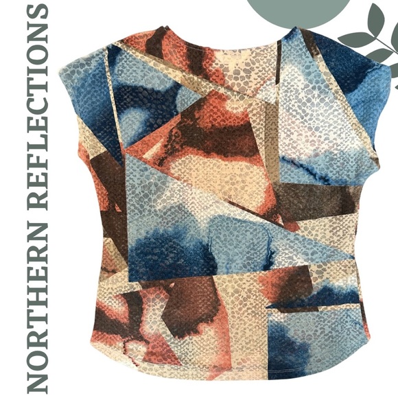 🛍️3/$40 Northern Reflections Multicolor Abstract Burnout Short Sleeve Top Medium - Picture 2 of 5